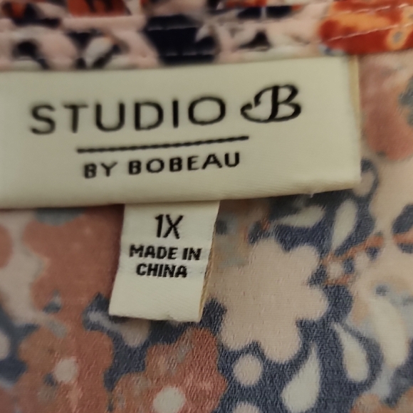 Orange and Blue Tie Front Blouse with Mandarin Collar - Picture 4 of 6